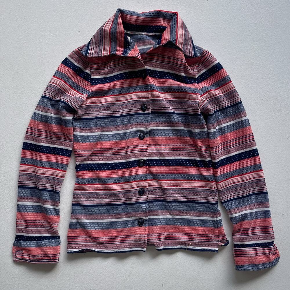 Vtg 70s KIDS Striped Dagger Collar Button Up Long Sleeve Shirt / Retro Kitschy